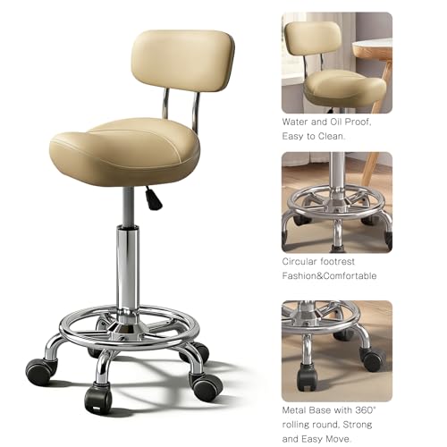 Image of Saddle Stool with Ring Pedal and Back, Adjustable Hydraulic Rolling Chair with Wheels for Medical, Massage, Salon, Spa, Kitchen, and Drafting Use