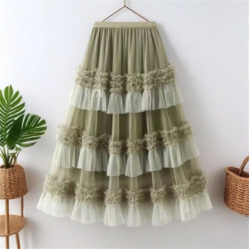 Women Summer Y2k Elastic High Waist Heavy Industry Long Cake Mesh Skirt Stitching Flower Lace Skirt3