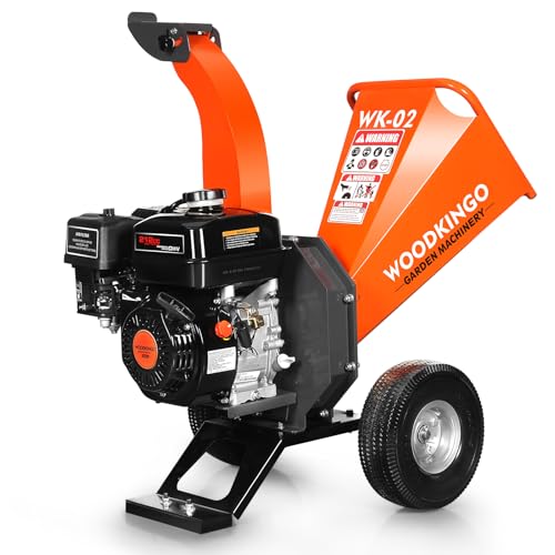 WOODKINGO Mini Wood Chipper Shredder Mulcher Heavy Duty 7HP Compact Design 3' Inch Max Capacity 212cc Gas Powered Engine 4-Stroke Fast Chipping Chopping for Forestry, Gardens,Landscaping(WK-02)