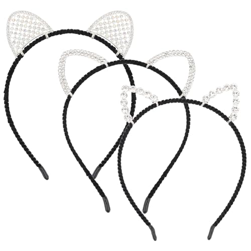 Pruadeor 3er-Set Katzenohr Haarreifen Damen - Glitzernde Haarreif mit Strass, Kawaii Kopfschmuck für Party & Cosplay