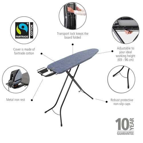 Image of Brabantia Compact Ironing Board with Left /Right Adjustable Steam Iron Rest | Small (Size A) | Fairtrade Denim Blue Cover | Adjustable Height (27-38 inch), Easy Fold, Anti-Collapse Lock, Non-Slip Feet