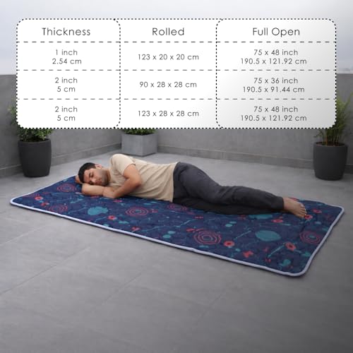 Image of Premium PU Memory Foam Rolling Foldable Mattress for Floor | Folding /Travel /Yoga /Outdoor /Camping /Portable Mat, Single Size Soft Slim Gadda Roll-Up Guest Bed | 2 Inch, Blue, 75x36 inches