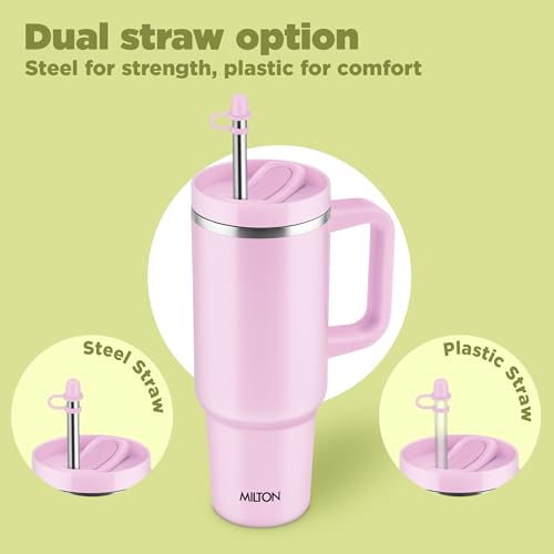 Image of MILTON Malmo 1200 Thermosteel Double Wall Vacuum Insulated Stainless Steel Water Tumbler with Handle 1100ml,Travel Mug with Straw,Silicon Cap,Cleaning Brush,Hot & Cold Beverage Flask,Pink