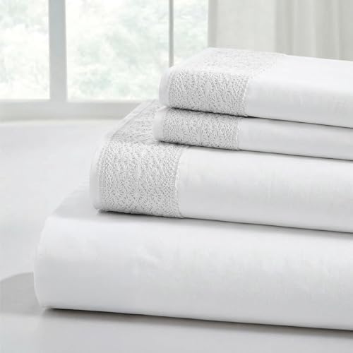 Modern Threads Miękkie prześcieradła z mikrofibry, z koronką, zawiera narzutę, prześcieradło z gumką na grube materace i poszewki na poduszki, rozmiar Queen, białe