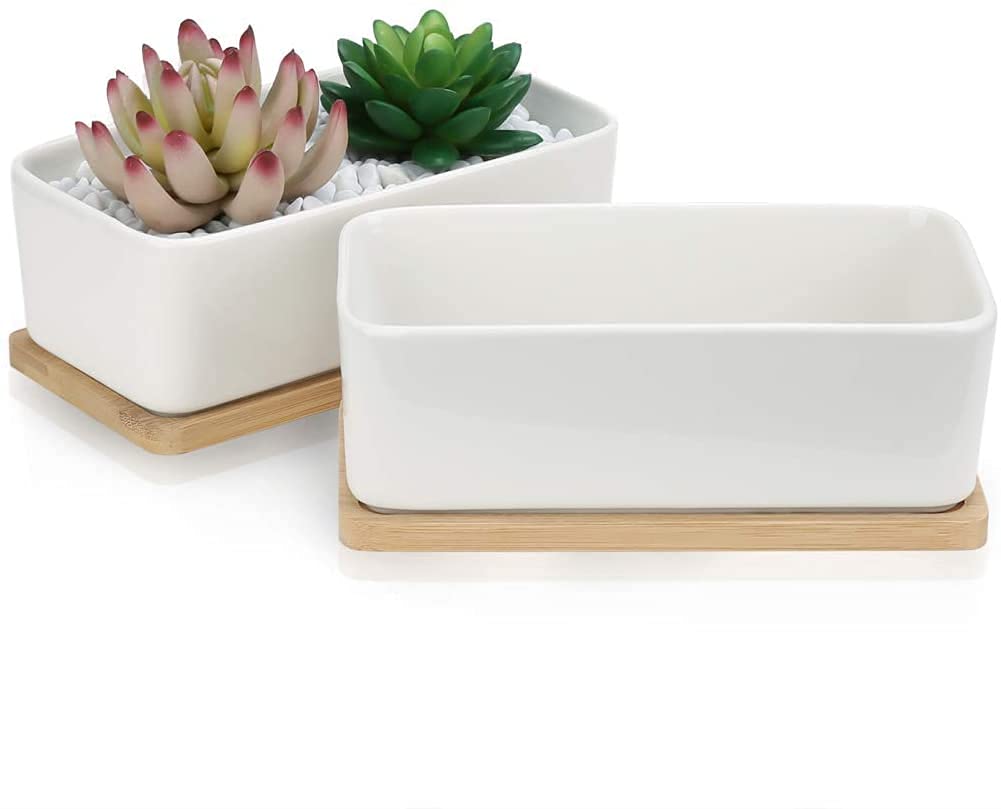 2 Pack 6 Inches Rectangle White Ceramic Succulent Planter Pot, Modern Minimalist Porcelain Flower Cactus Pot, Plant Window Boxes with BambooTray and Drainge Hole for Home Office Decor
