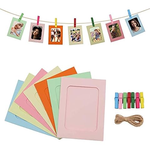 KSTEU Paper Photo Frames 7pcs , Colorful 6x4.3 Inch DIY Kraft Paper Picture Frames,Creative Hanging Photo Album with Hemp Rope 180cm and Mini Wooden Clips for Home School Dorm Office Wall Decoration Cover