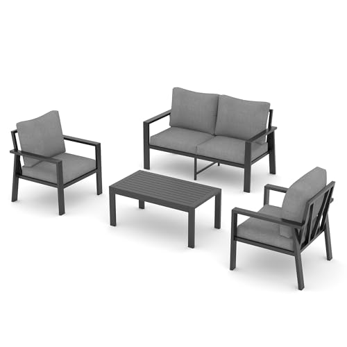 Image of UDPATIO Aluminum Outdoor Patio Furniture Set 4-Seat Metal Patio Conversation Sets with Coffee Table and Water-Resistant Cushions, Modern Patio Sectional Sofa for Porch, Deck, Backyard, Poolside