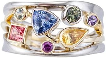925 Sterling Silver Geometrical Line Multi Row Womens Shiny Full Diamond Rainbow Gemstone Ring Multi Row Wave Shape Eternity Engagement Wedding Promise Ring Cocktail Party Ring ST.151
