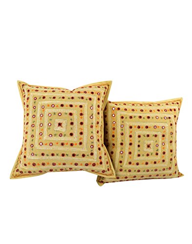 2 Pcs Set Embroidery Indian Sari Throw Pillow Toss Cotton Cushion Cover Designer Traditional Mirror Work Throw Pillow Cover 16 x 16 Inch (Beige)