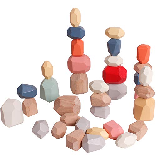 Dinhon 36Pcs Colorful Blue Wood Stone Stacking Game Wooden Building Block Set Lightweight Natural Balance Weight Colorful Rock Block Educational Educational Toy #TOP1