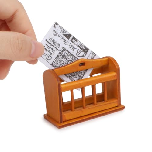 Miniature Magazine Paper Rack with Newpaper 1:12 Furniture for Dollhouse Books Newspaper Shelf Wooden Rack Living Room Accessories Decoration Ornaments (Brown)