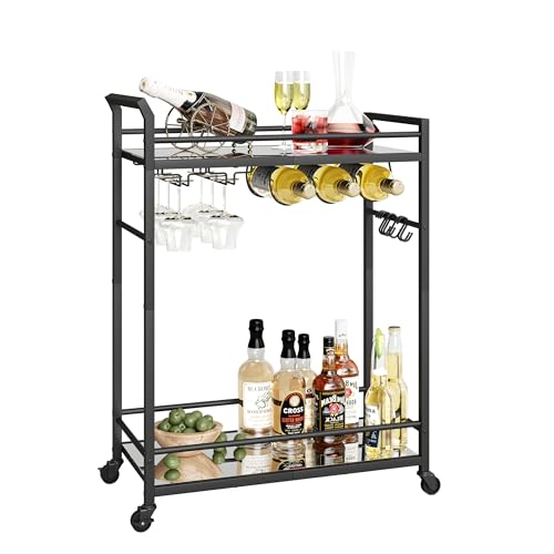 Image of 3 Tier Bar Cart, Small Beverage Cart, Mini Bar Cart with Wine Rack, Home Bar Serving Cart with Wheels for Kitchen Dining Living Room (Black, Mirrored) GBC106BU