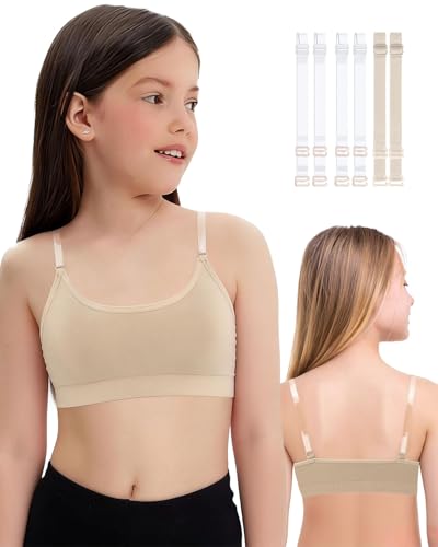 iMucci Girl Dance Bra Seamless Girls Nude Bra with 2 Pair Adjustable Replace Clear Straps Silicone Pads