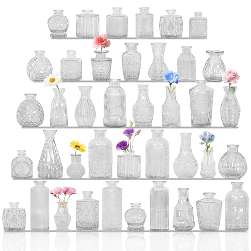 Set of 40 Glass Bud Vases Small Clear Glass Vases in Bulk Mini Vintage Embossed Flower Vase for Wedding Centerpieces Birthday Party Home Table Decorations Baby Shower (Clear)