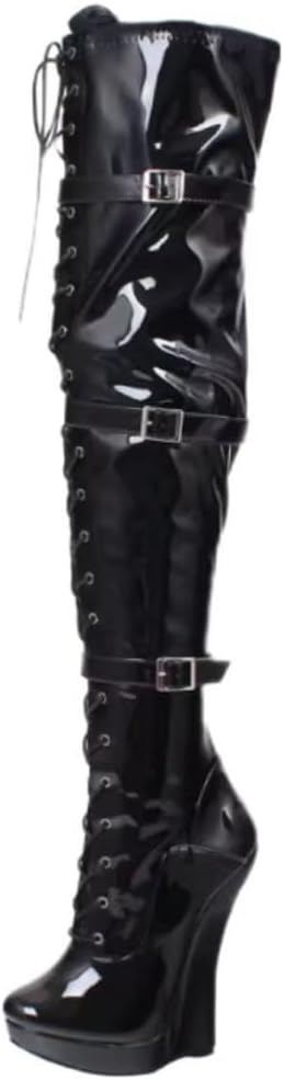 Ballet Boots 7 Inch/18CM High Wedge Heel, PU Leather with Lace-Up & Buckle Strap, for Cosplay, Gothic, Parties, Y2K, Nightlife