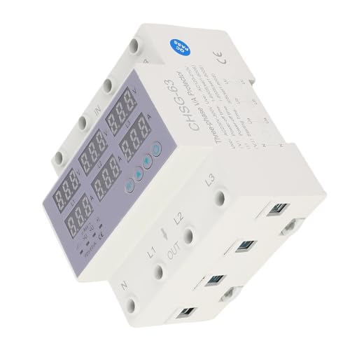 63A Trifase Voltmetro Amperometro su Guida DIN Protezione Sovracorrente Sovratensione Automatica Protezione Sovracorrente Stabilizzatore di Corrente per Protezione Domestica (63A)