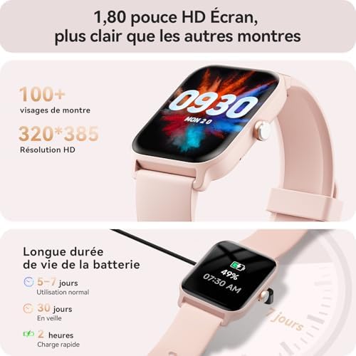 Montre connectée femme Samsung iPhone Android 1.91" appel Bluetooth intelligence artificielle Alexa Rose