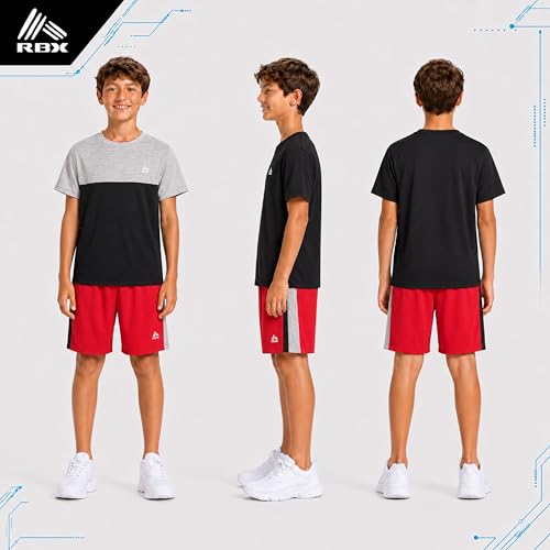Image of RBX Boys Short Sets - 3 Piece Active Performance Short Sleeve Athletic Shirts and Gym Shorts With Elastic Waistband (4-12)