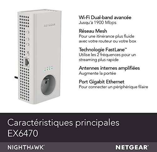 NETGEAR Répéteur WiFi Puissant (EX6470) - Amplificateur WiFi AC1900 - WiFi Extender Mesh Couvre Jusqu’à 150m² - Prise Electrique Intégrée et 1Port Ethernet - Compatible Toutes Box Internet
