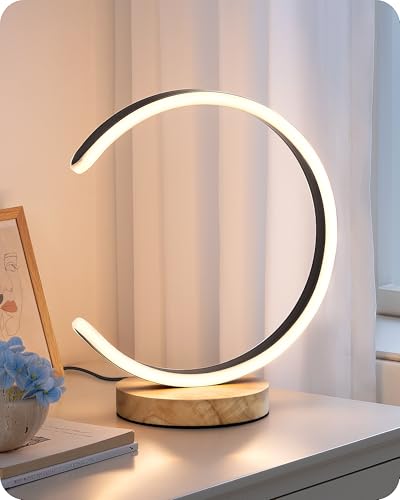 EDISHINE LED Table Lamp, C-Shaped Modern Lamps for Nightstand with 3 Color Temperature & Dimming, Upgraded Switch, Silicone Lampshade & Solid Wood Base, Bedside Lamp for Living Room, Bedroom, Black