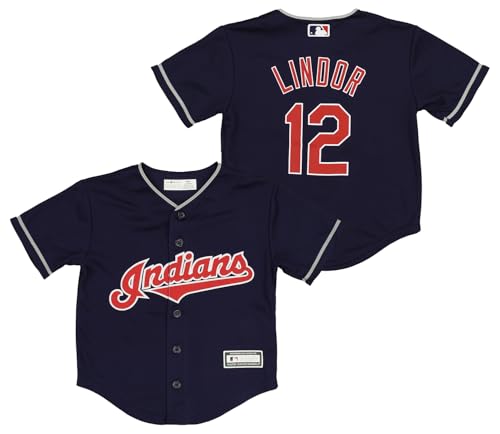 Outerstuff MLB Cleveland Indians Boys Kids Francisco Lindor Replica Player Jersey, Small (4) Navy