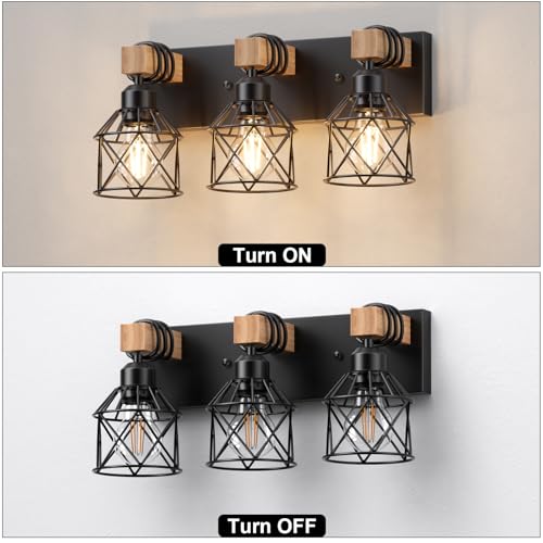 Image of Farmhouse Vanity Light for Bathroom, 3-Light Wood Bathroom Vanity Light Fixtures Over Mirror, Black Rustic Wall Sconce with Cage Metal Lampshade, Vintage Wall Lights for Bedroom, Living Room, Hallway