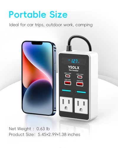 Image of YSOLX 300W 12V to 110V Car Power Inverter | 65W USB-C,4 USB Post,Dual AC Car Plug Adapter Outlet,LED display.Suitable for Car Trips, Camping,Laptop