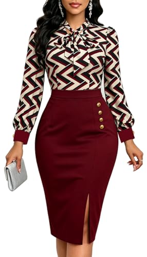 Image of Work Dresses for Women Formal Long Sleeve Wear to Work Office Business Church Dress Elegant Party Midi Pencil Dresses