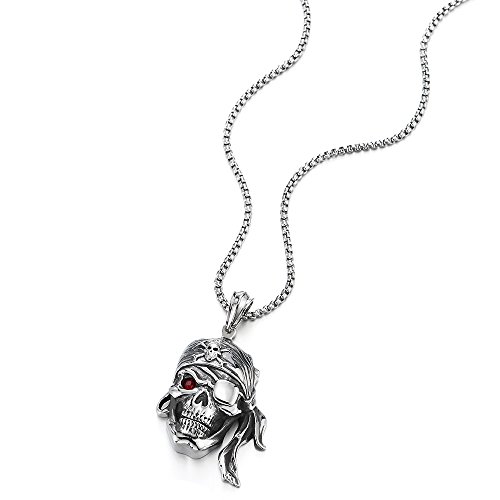 COOLSTEELANDBEYOND Mens Steel Viking Pirate Skull Pendant Necklace with Cubic Zirconia and Wheat Chain3