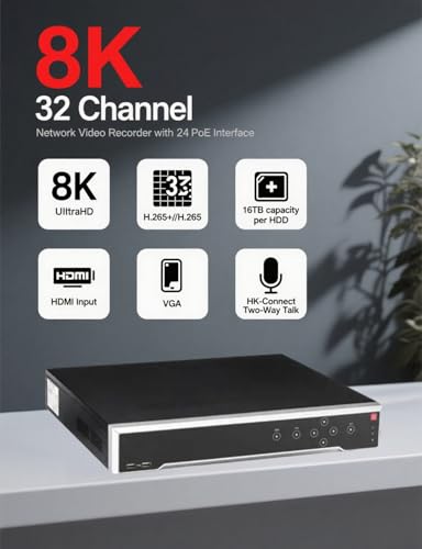 Image of 32 Channel 8K Network Video Recorder NVR with 24 POE Ports, DS-7732NI-M4 /24P Hard Drive Not Included, Up to 32MP, Dual 4K HDMI, 4 SATA, Single VGA and CVBS