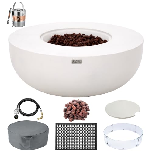 Image of AMS Creations Eclipse 44 inch Round Cast Concrete Natural Gas Fire Pit Bowl Table | Cream White | Smooth Texture Surface | Electronic Ignition | Outdoor Patio Heater Backyard Fireplace