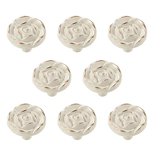 Antique Rose Flower Cabinet Knobs Vintage Kitchen Shabby Chic Zinc Alloy White Drawer Pull Handles for Dresser Vanity Nightstand Cupboard Wardrobe 8 Pack (Golden Line)