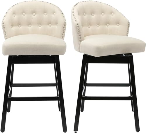 UDAX 29 Inch Upholstered Swivel Bar Stools Set of 2, Modern Tufted Linen Fabric Barstools with Solid Wood Legs, Beige