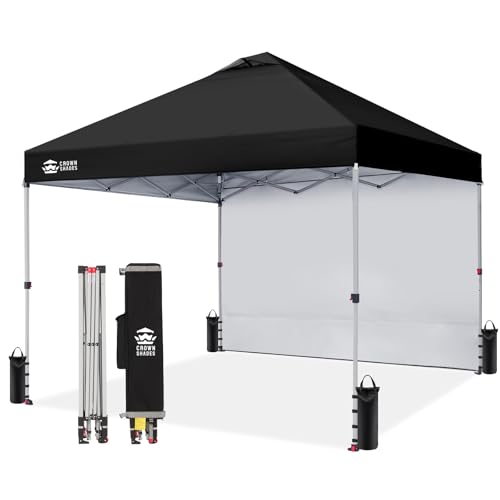 CROWN SHADES 10x10 Pop Up Canopy with 1 Side Wall - Beach Tent with One Push Setup - Outdoor Sun Shade for Events, Parties, Camping - Gazebo with STO-N-Go Cover Bag (Black)