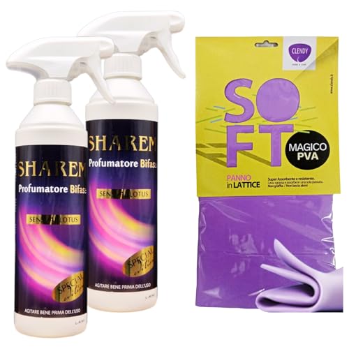 SET: 2x Profumatore Spray Per Ambienti Bifase, Uno Spruzzo Dura 3 Giorni. Profumo SHAREM SENSUAL LOTUS 500ml + Panno In Lattice SOFT Formato 30x30