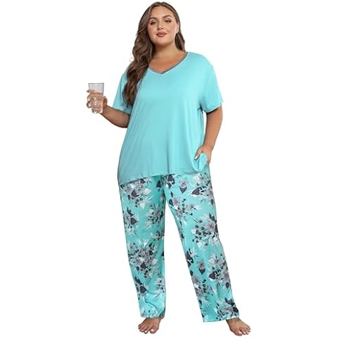 Vozanet Women's Pajama Sets Short Sleeve with Long Pant Soft Sleepwear Printed pj Loungewear With TWO Pockets Size 1X to 5X, Tie-dyed Floral/Green, 4X-Large Cover