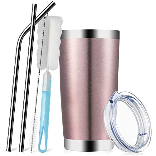 MUCHENGHY 20oz Tumbler Stainless Steel Cups with Lid and Straw, Double Wall Vacuum Insulated Travel Coffee Mug, Powder Coated Thermal Cup for Cold & Hot Drinks(Rose Gold, 1 Pack)