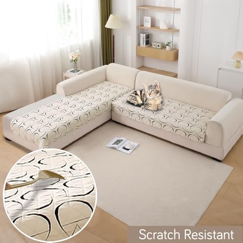 Image of HOKIPO 'Elira Series' Printed Water Repellent + Waterproof Quick Dry L Shape (3+3 Seater) Sofa Seat Cover Mat, Natural Beige Abstract Art (AR-5249-C4*2)