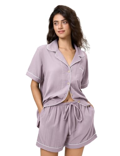 Image of BESTOUCH Womens Pajama Sets: 100% Cotton Muslin Linen Feel | Button Soft Comfy Breathable Classic Sleep Pjs 2 Piece