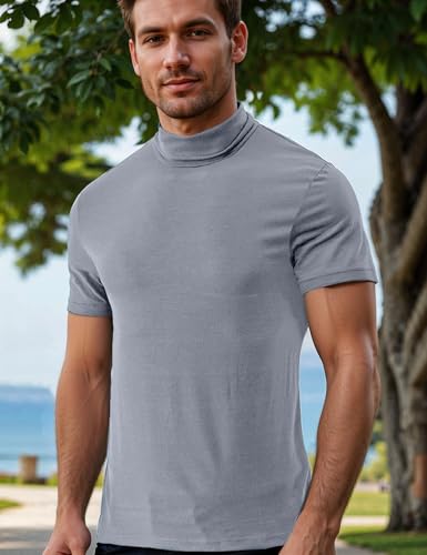 Men's T-Shirt Mock Turtleneck Short Sleeve Pullover Sweater Ribbed High Neck Thermal Undershirt Basic Solid Top for Men