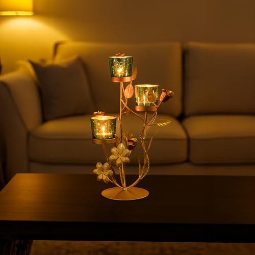 Image of MARKET 99 Metal + Glass 3 Votive T-Light Holder Flower Shape | Golden & Blue Decorative Candle Holder for Christmas, Diwali, Weddings, Parties & Festive Home Decor | Stylish Tealight Stand