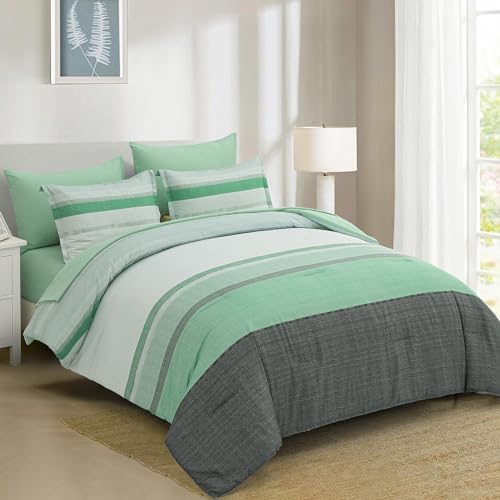 Dobuyly Striped King Size Comforter Set, Green Stripe Patchwork Bedding Comforter