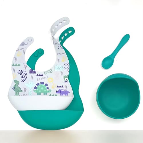 Kids Silicone marble Dinosaur print Bib set with Bowl and Spoon, Marble & Teal. 4-piece