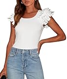 PRETTYGARDEN Women's Ruffle Short Sleeve Shirts 2025 Summer Casual Basic Tee Cute Fitted Crew Neck Fashion Tops Clothes (White,Medium)