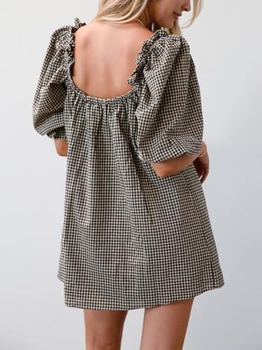 hibshaby Women's Babydoll Short Dress Puff Sleeve Cute Tie Mini Dress Floral Sundress3