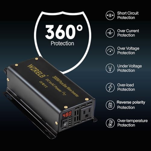 Image of WZRELB 300W Pure Sine Wave Inverter 600W Peak DC 12V to 110V AC Power Converter Off Grid LED Display with Remote Controller