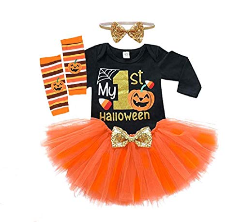 Image of CPEI Baby Girls Halloween Outfits Costume My 1st Halloween Romper+ Tutu Skirt+ Striated Leg Warmer+ Bunny Headband 4Pcs Outfit Set (Black, 0-3 months)