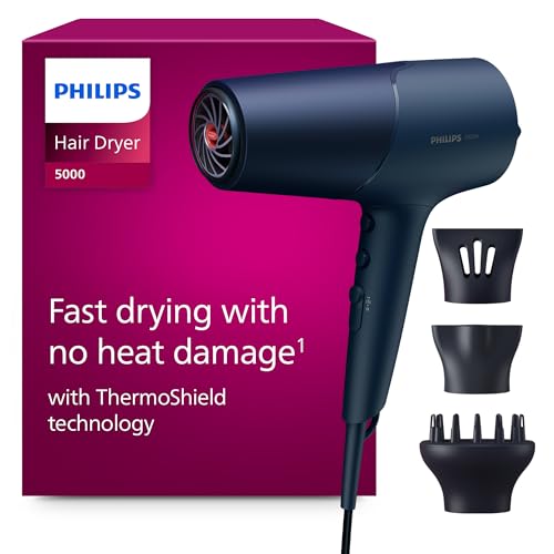 Philips 5000 Series - sèche-cheveux, technologie ThermoShield, ionique, 2 300 W, bleu métallique, avec concentrateur de 9 mm et 11 mm, diffuseur de volume,...