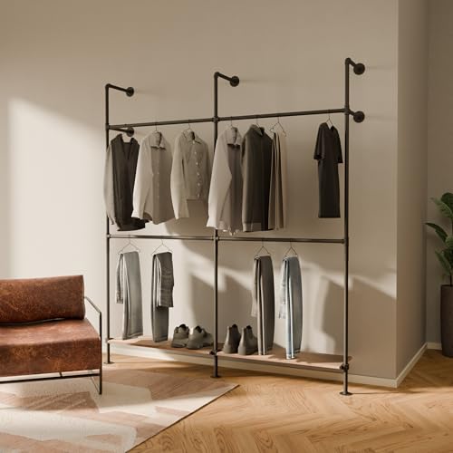 pamo Industrial Pipe Clothing Rack with Shelf - 700 lbs Capacity - Wall Mounted Clothes Rack and Walk In Closet with Oak Shelf for Wardrobe