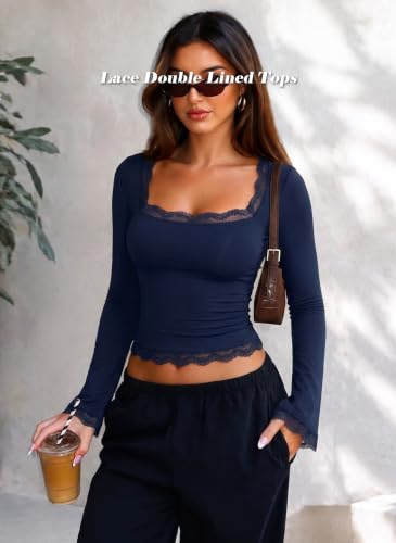 Image of OZICERD Women Bell Long Sleeve Shirts Cute Going Out Top Lace Trim Square Neck Double Lined Fitted Basic Tops Y2k Tight Slim